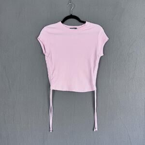 Missguided Shirt Womens Small Pink‎ Ribbed Ruched Side Drawstring Crop Top Tee